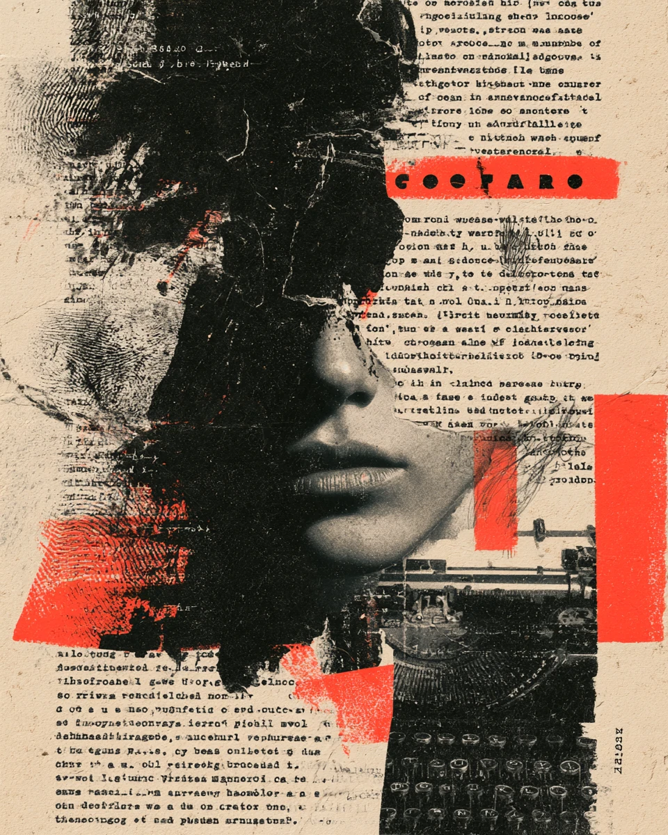 Collage de un rostro, texto mecanografiado y marcas rojas